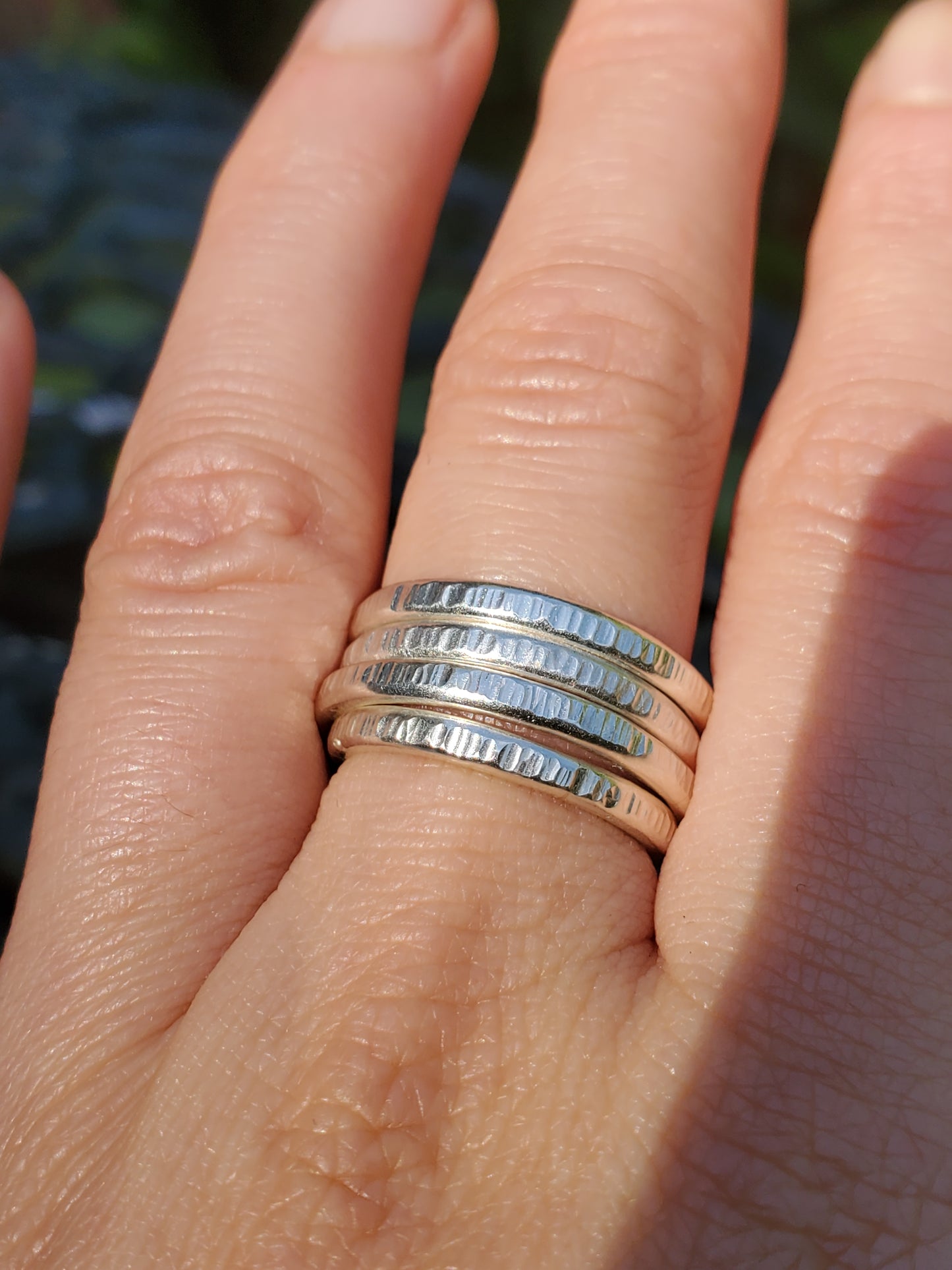 Textured Line Hammered Silver Stacking Ring
