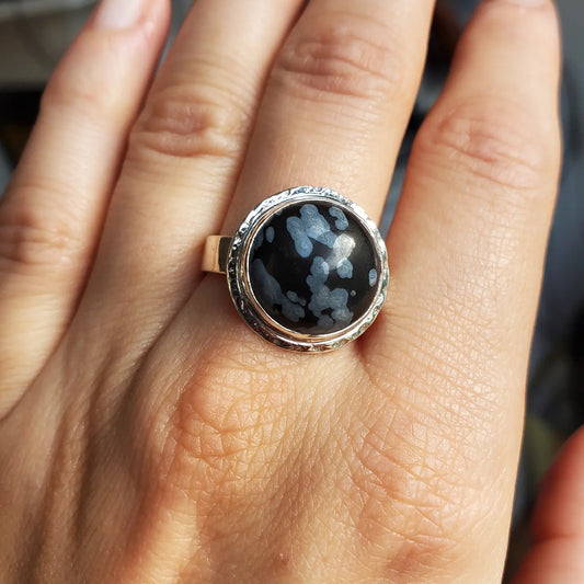 Round Globe Snowflake Obsidian Textured Sterling Silver Ring