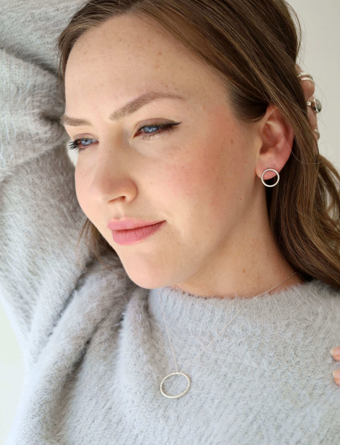 Satin Sterling Silver Hoop Pendant with Lines