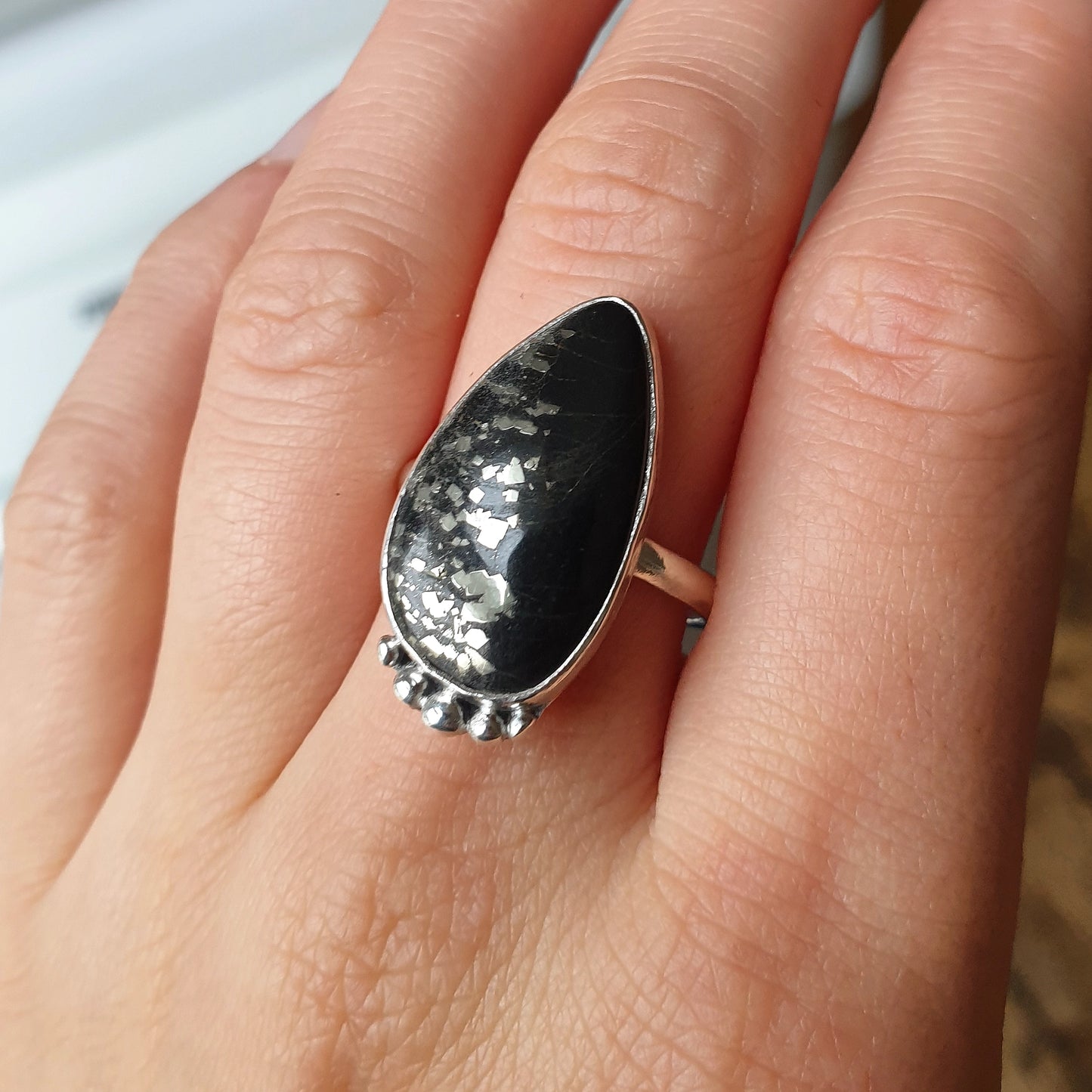 Black Quartz and Pyrite Sterling Silver Ring with Granulation