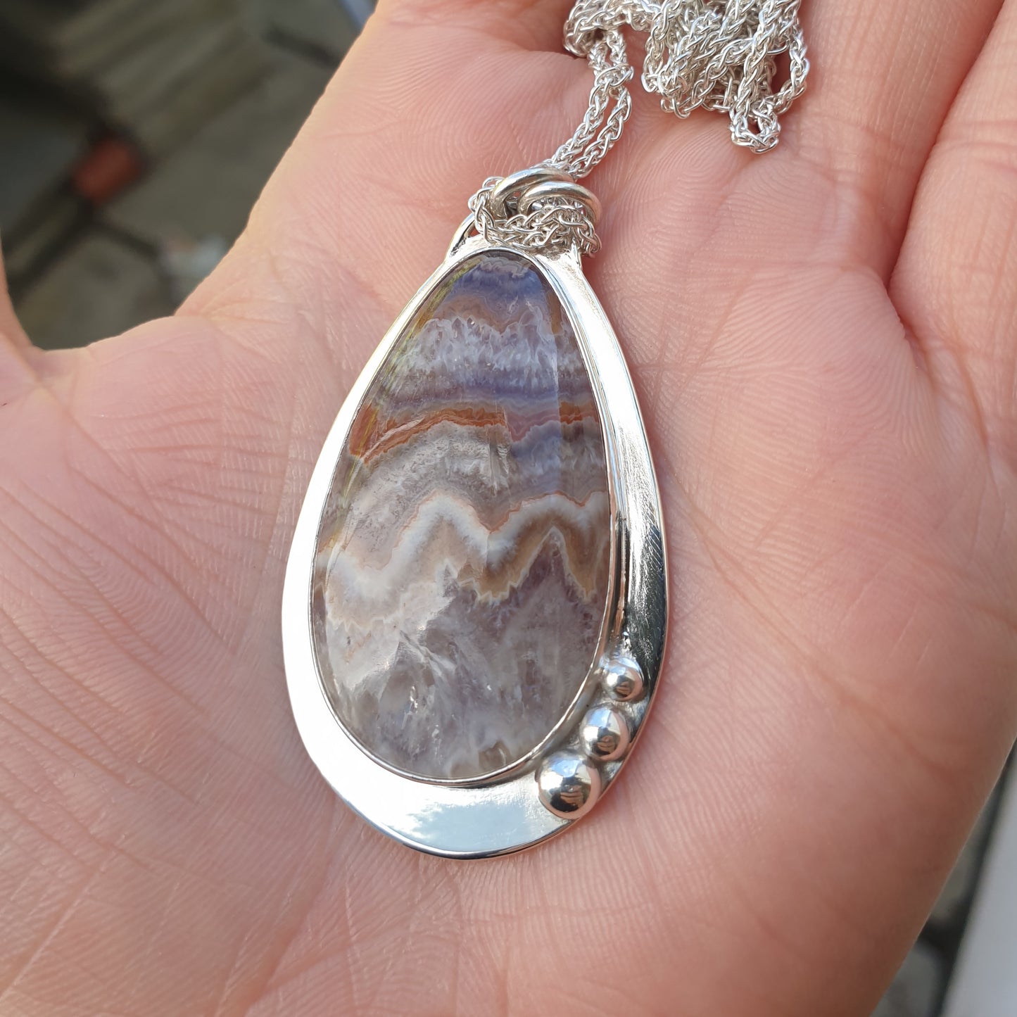 Large Teardrop Banded Amethyst Sterling Silver Pendant with Granulation