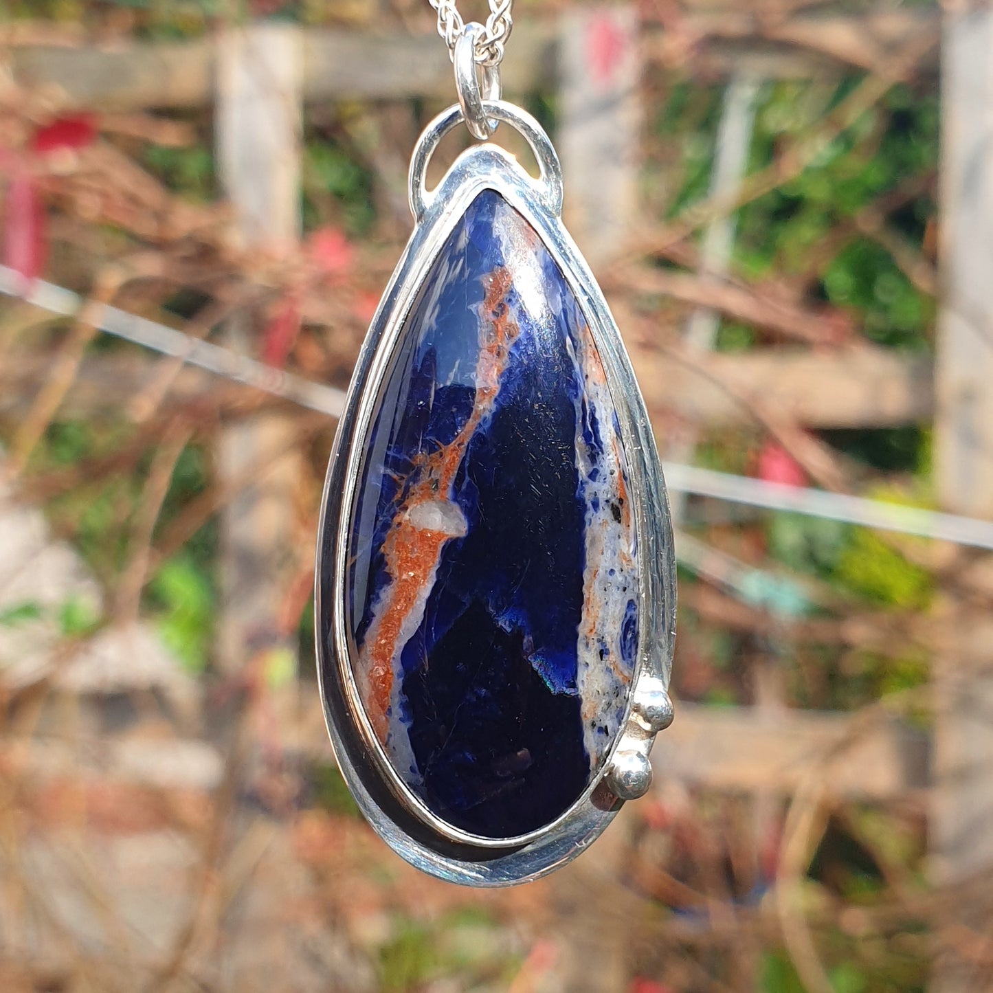 Large Sodalite Teardrop Sterling Silver Pendant with Granulation